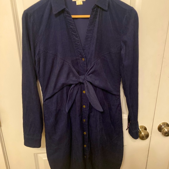 Anthropologie 6P Maeve Navy Corduroy Winchester Tie Front Boho Shirt Dress - Picture 4 of 7